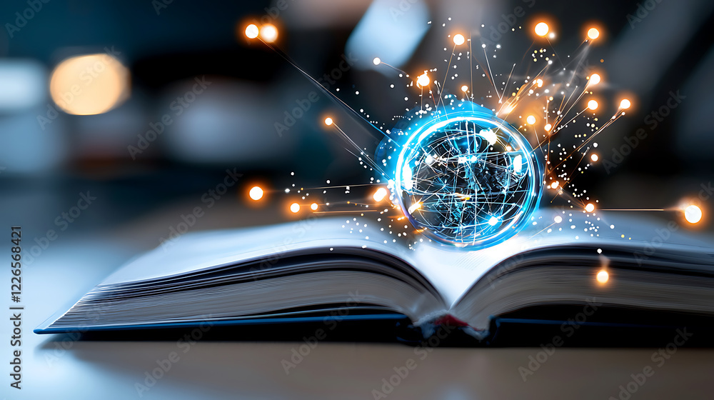 Poster exploring knowledge through an open book digital world conceptual art indoor setting close-up educat