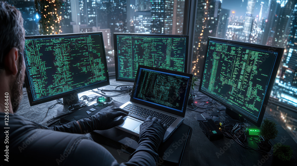 Poster person wearing dark gloves is typing on laptop surrounded by multiple screens displaying code