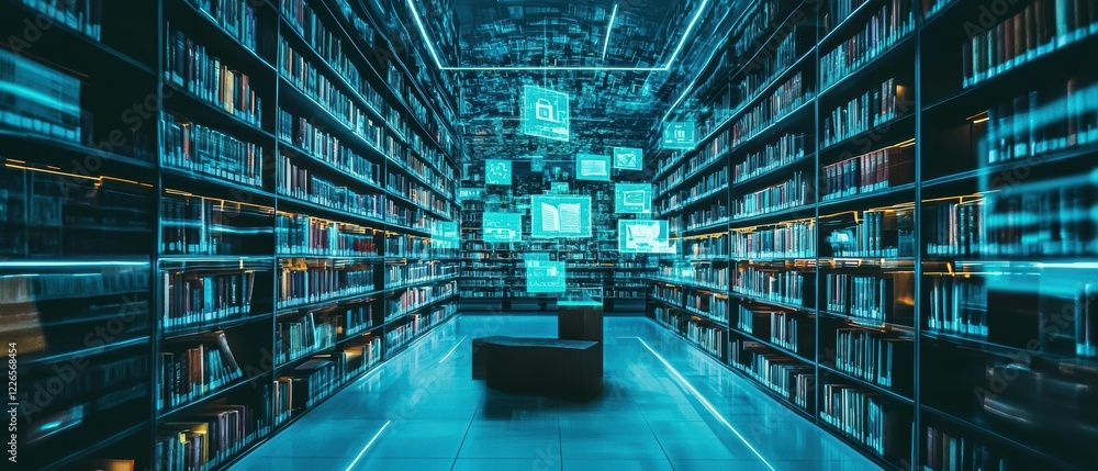 Aufkleber futuristic library with digital bookshelves and floating data screens