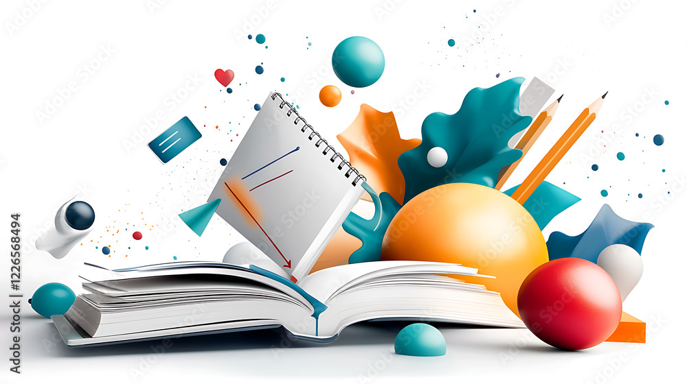 Poster creative exploration of learning vibrant elements and open book studio environment digital art conte
