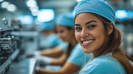 Bright and organized workstation for wiring harness inspection, featuring women wearing light blue hats. 