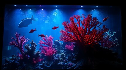 Creative light art depicting a creepy, eerie vibrant reef with corals and fish. Dark tones, artistic lighting, abstract patterns, Created using Generative Ai