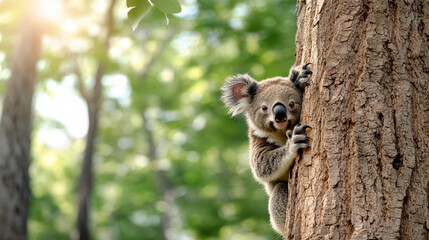 Obraz premium playful koala climbing tree in lush green forest, enjoying nature beauty
