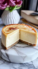 National White Chocolate Cheesecake Day. Creamy basque cheesecake on marble surface with a glossy top and floral decor