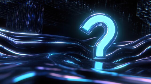 Glowing neon question mark on futuristic metallic surface