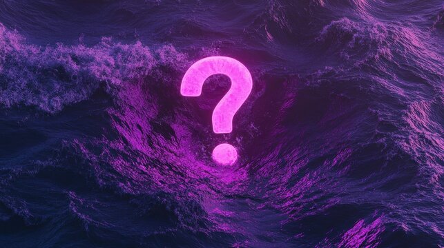 Neon pink question mark glowing above dark ocean waves at night - Powered by Adobe