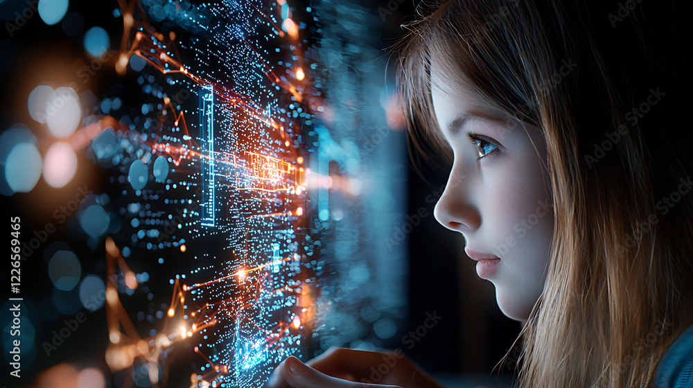 Poster exploring future technology digital workspace visual art urban setting close-up perspective children