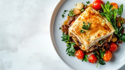 British Pie Week Gourmet vegetable lasagna with cherry tomatoes and fresh herbs on white plate