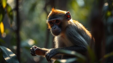Obraz premium Close-up of a curious monkey gazing in its natural green jungle surroundings, highlighting wildlife and nature beauty 