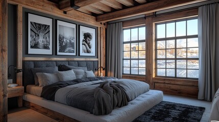 A modern rustic loft bedroom with a tall ceiling featuring industrial-style wooden beams complemented