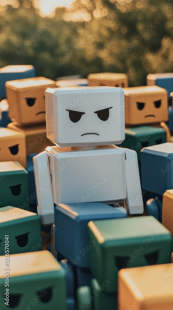 Poster unique robot angry expression cube crowd standing out different individuality confor
