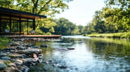 Modern riverside house, tranquil scene, summer day