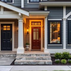 Luxury House Exterior at Night: Modern Home Design, Stone Steps, and Elegant Entrance. Real Estate Photography