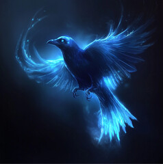 Fototapeta premium a gradient blue raven flying with glossy body and glowing lines along its body , dark background