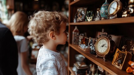 Curious caucasian child exploring antique collection in a vintage shop National Old Stuff Day