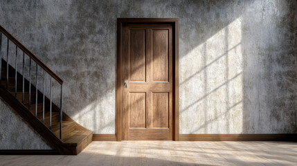 Obraz premium small door tucked beneath grand staircase, creating cozy atmosphere