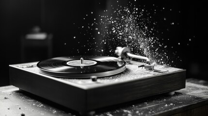 Vinyl record player with exploding dust particles in dramatic monochrome scene National Old Stuff Day