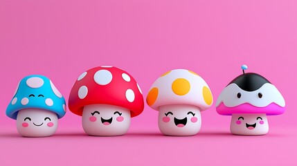 Obraz premium Cute Cartoon Mushrooms on Pink Background
