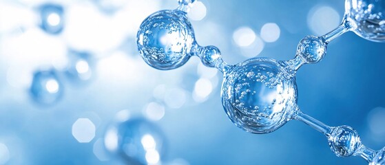 Abstract molecular structure with blue liquid and bubbles on a light background