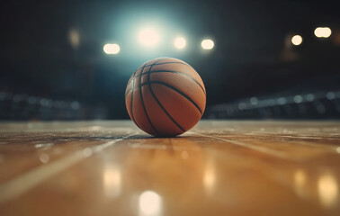 A basketball is placed on the wooden floor of the basketball court. The texture of the basketball is clearly visible and the background is blurred, highlighting the detail and texture of the basketbal