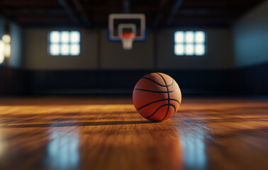 A basketball is placed on the wooden floor of the basketball court. The texture of the basketball is clearly visible and the background is blurred, highlighting the detail and texture of the basketbal