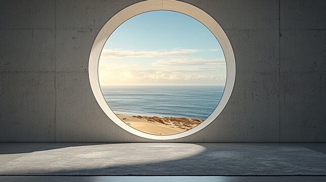 Fototapeta Living Room seen from the inside toward the ocean, there is a big round window centered on the wall overlooking the ocean in an arid desert, walls are in concrete.