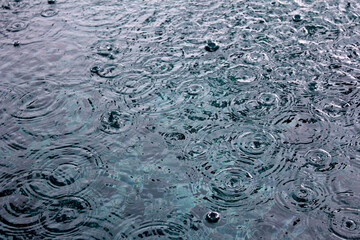Macro photo of raindrops hitting the water, forming ripples and concentric circles. Dynamic...