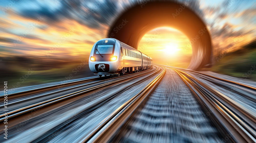 Poster train speeding into tunnel at sunset, creating dynamic scene