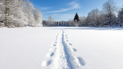 Fototapeta premium trail of footprints in snow leads to serene winter landscape