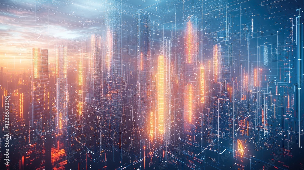 Leinwandbilder A modern of architectural blueprints, futuristic design elements, and cybersecurity motifs. with holographic 3D models of buildings and digital code streams, interwoven with glowing geometric shapes.