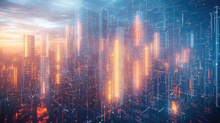 Obraz premium A modern of architectural blueprints, futuristic design elements, and cybersecurity motifs. with holographic 3D models of buildings and digital code streams, interwoven with glowing geometric shapes.