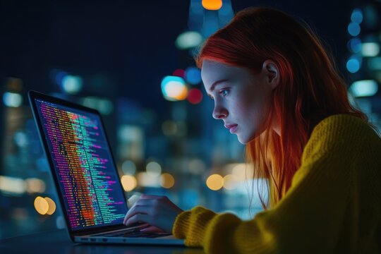 Young woman programmer works late at night on a laptop, focused on code against a city backdrop.