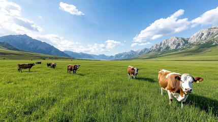 serene scene of cattle grazing in lush green field with mountains