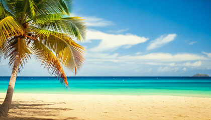 Obraz premium Relaxing Summer Vacation Scene Featuring a White Sandy Beach, Palm Trees, and Oceanfront Loungers Under a Clear Blue Sky
