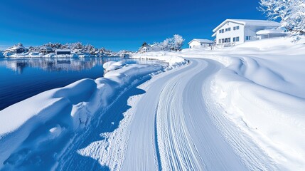 Obraz premium Snowy winter road by lake, houses, clear sky. Perfect for travel brochures