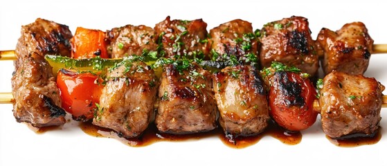 Grilled meat and vegetable skewer with herbs and sauce on white background close up view