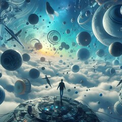 A surreal dreamscape in virtual reality where gravity fluctuates, and objects float or fall at random