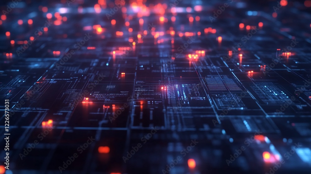Poster abstract digital surface with glowing red spots and intricate blue lines representing data or circui