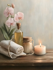 relaxing still life featuring spa essentials, including flowers, oils, and candles