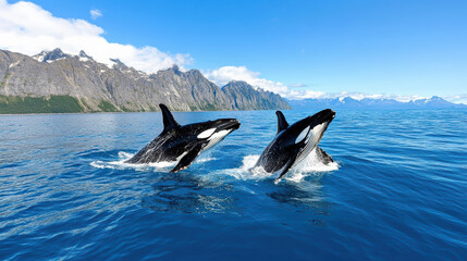 Naklejka premium Dolphins breaching in clear blue waters near rocky mountains