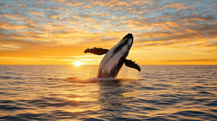 Fototapeta premium whale breaching surface at sunset, creating stunning silhouette