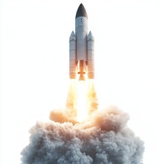 Rocket launching, fiery trail, white background, space exploration