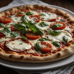 Colorful pizza with tomato and basil on a wooden board.Freshly baked pizza with melted cheese, cherry tomatoes and basil leaves.
