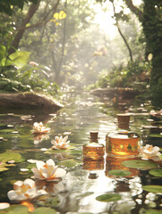 serene spa scene with glass bottles and floating flowers in lush setting