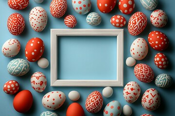 easter eggs colored with in differen colors arranged around a photo frame. Blue background. Copy space.