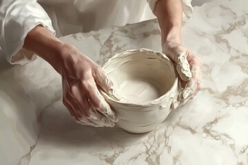 Fototapeta premium A potter's hands skillfully shape a bowl from wet clay, a moment of artistic creation.