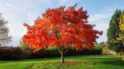 A captivating autumn - themed background featuring a magnificent maple tree. The tree stands tall with its branches adorned with vividly colored maple leaves