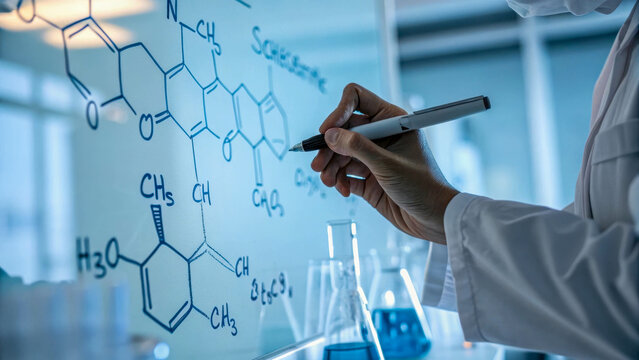 The hands of a scientist writing chemical formulas on a transparent board with a marker. Laboratory equipment is visible in the blurred background.