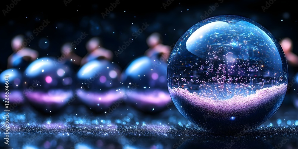 Poster a close-up of a crystal clear bubble surrounded by smaller bubbles, shimmering with reflections and 