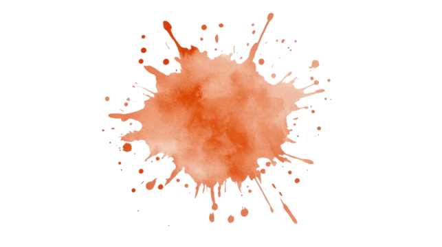 Orange watercolor splash with dynamic splatter effect on a transparent background, perfect for artistic designs and creative projects focused on color and texture - Powered by Adobe